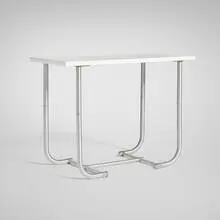Occasional table, model 1551 by Warren McArthur, c. 1933, aluminum, laminate, sold Aug 2025