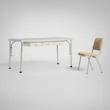 Warren McArthur, Desk and chair, aluminum, lacquered wood, upholstery, rubber, plastic