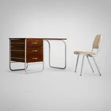Warren McArthur, Desk, model 1541-3 and chair, aluminum, birch, upholstery