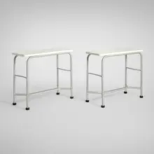 Console tables, pair by Warren McArthur, c. 1933, aluminum, painted wood, rubber, sold Aug 2025
