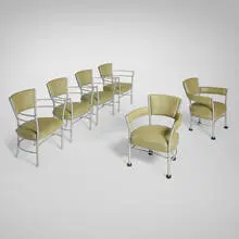 Warren McArthur, Armchairs, set of six, c. 1933, aluminum, woven linoleum upholstery, rubber
