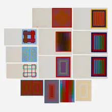 Richard Anuszkiewicz, Thirteen works, 1970-89, screenprint in colors on Masonite; screenprint in colors on acrylic; screenprint in colors on greeting card; screenprint in colors on paperbaoard