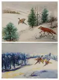 Irene H. Newman, PHEASANTS and FOX IN THE SNOW: TWO WORKS, both signed lower right, The second is a watercolor on paper
