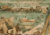 Jacques Petit, Fishing Boats in City Harbor, Color lithograph
