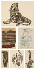 Robert Hodgell, THE LION; THE PALEONTOLOGISTS; OH YE OF LITTLE FAITH; CITIZEN; A REMINDER; and REACH: SIX WORKS, all signed and all except the first are titled, Woodblock prints - Various sizes