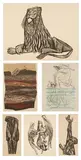 Robert Hodgell, THE LION; THE PALEONTOLOGISTS; OH YE OF LITTLE FAITH; CITIZEN; A REMINDER; and REACH: SIX WORKS, all signed and all except the first are titled, Woodblock prints - Various sizes