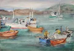 E. B. Warren, Boats Near City Pier, Watercolor on paper