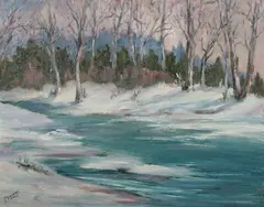 Mildred Droege, Winter Stream, Oil on board