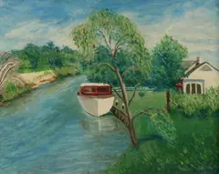 Rose Cohen, Boat Docked by House, Oil on board