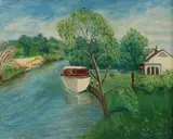 Rose Cohen, Boat Docked by House, Oil on board