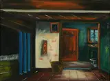 Green Interior with Blue Curtain by American School, Oil on canvas, sold Dec 2005