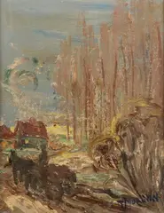 John Morgan, Landscape with Tall Poplars and Red Roofed House, Oil on board