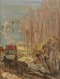 John Morgan, Landscape with Tall Poplars and Red Roofed House, Oil on board