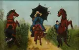 British School, FIGURE ON DONKEY ALONGSIDE STARTLED HORSES, reverse bears stamp "G