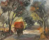 Maria P. Palacios, Road in Valencia Spain with Horse and Cart, Oil on canvas