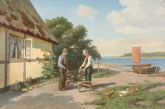 Alfred Larsen, Mending the Bait Traps, Oil on canvas