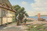 Alfred Larsen, Mending the Bait Traps, Oil on canvas