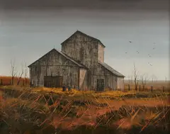 Hector Salas, Barn with Birds in Field, Oil on canvas