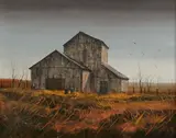 Hector Salas, Barn with Birds in Field, Oil on canvas