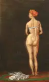 FEMALE NUDE WITH SILVER STRAP, sketch of two figures on reverse by American School, Oil on board, sold Dec 2005