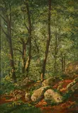 Untitled by American School, TREES AND ROCKS ON HILLSIDE, oil on board, sold Dec 2005