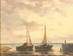 G. van Santen, Two Sailing Boats at Anchor, Oil on panel