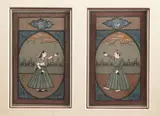 Anonymous, Man and Woman Holding a Cup, Two ink and color on paper drawings - each: 6 in. x 3 1/2 in