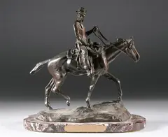 WILL ROGERS , later casting by Charles Marion Russell, Bronze, dark brown patina on a rouge de fer marble base. - Height: 10 in, offered Jul 2006