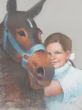 American School, Girl in Blue with Horse, Pastel on grey paper