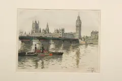 Hans Figura, WESTMINSTER BRIDGE and TOWER BRIDGE: TWO PRINTS OF LONDON, each signed and numbered 23/250 and 50/250 in pencil, lower margin, Color etching - Plate: 8 3/4 in. x 12 in. and Plate: 8 1/2 in. x 12 1/4 in