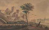 Continental School, Untitled, VIEW OF HILLTOWN WITH TOWERS, watercolor