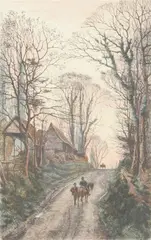 Fred Slocombe, Travelers on a Road in Middlesex, Engraving with hand coloring