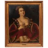 Atribuído A Ambrosius Benson, MARÍA MAGDALENA DESPOJÁNDOSE DE SUS JOYAS, Óleo sobre madera