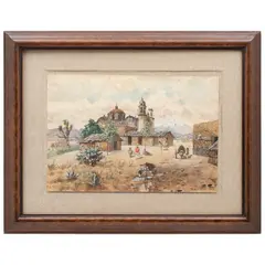 August Lohr, VISTA RURAL CON IGLESIA, Acuarela sobre papel