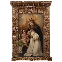 Santa Rosa de Lima, MÉXICO, CA., 1700, Óleo sobre madera con marco de madera dorada