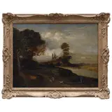 Paisaje Con Perros, EUROPA, SIGLO XIX, Óleo sobre tela