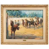 Juan Bandera Pérez, CHARROS A CABALLO LAZANDO, Óleo sobre tela