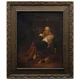 EL DESCANSO DEL VIEJO CAZADOR by A la Manera de Rafael Flores, Óleo sobre tela, sold Nov 2023
