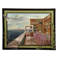 Carlos Pelestor, Biblioteca con paisaje, Óleo sobre tela