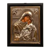 Anónimo, Virgen Eleúsa, ícono relgioso, Óleo sobre madera con camisa de plata ley .950 detallada con vermeil