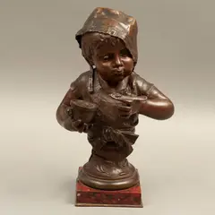 Infante Con Tazón*, FRANCIA, PRINCIPIOS DEL SIGLO XX, Bronce, patinado en color marrón; base de mármol rojo