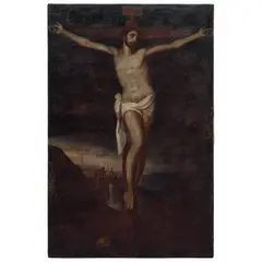 la Crucifixión, MÉXICO, SIGLO XVIII, Óleo sobre tela
