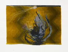 Auktion 404, Los 685 by Horst Egon Kalinowski, 1961, Collage (Samt, Bindfäden, Nylonnetz und Feder) auf A ANNECY AUSSEDATET CIE (Wasserzeichen), sold Dec 2017