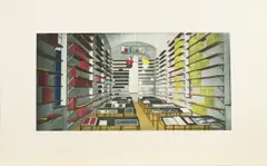 Thomas Huber, Die Bibliothek, 1988, Farbiger Lichtdruck auf Hahnemühle (Wasserzeichen)