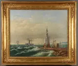 P.J. Fegth, Coastal Scene with Sidewheel Steamship Flying a Danish Flag, 1863, Oil on canvas