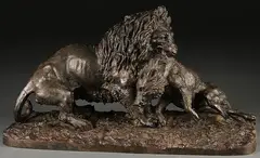 Christopher Fratin, Lion Killing Boar, Cast iron with bronzed patina