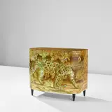 Piero Fornasetti, Early 'Leopardo' chest of drawers, circa 1953, Lithographic transfer-printed wood, painted wood, nickel-plated brass