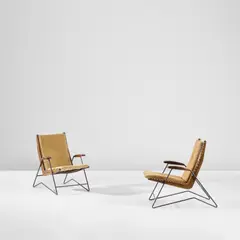 Carlo Hauner, Pair of reclining armchairs, circa 1950, Gonçalo alves, leather, painted iron, rope