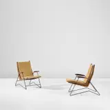 Carlo Hauner, Pair of reclining armchairs, circa 1950, Gonçalo alves, leather, painted iron, rope