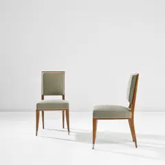 Émile-Jacques Ruhlmann, Pair of chairs, model no. 27 NR, circa 1925, Oak, fabric, silver-plated bronze
